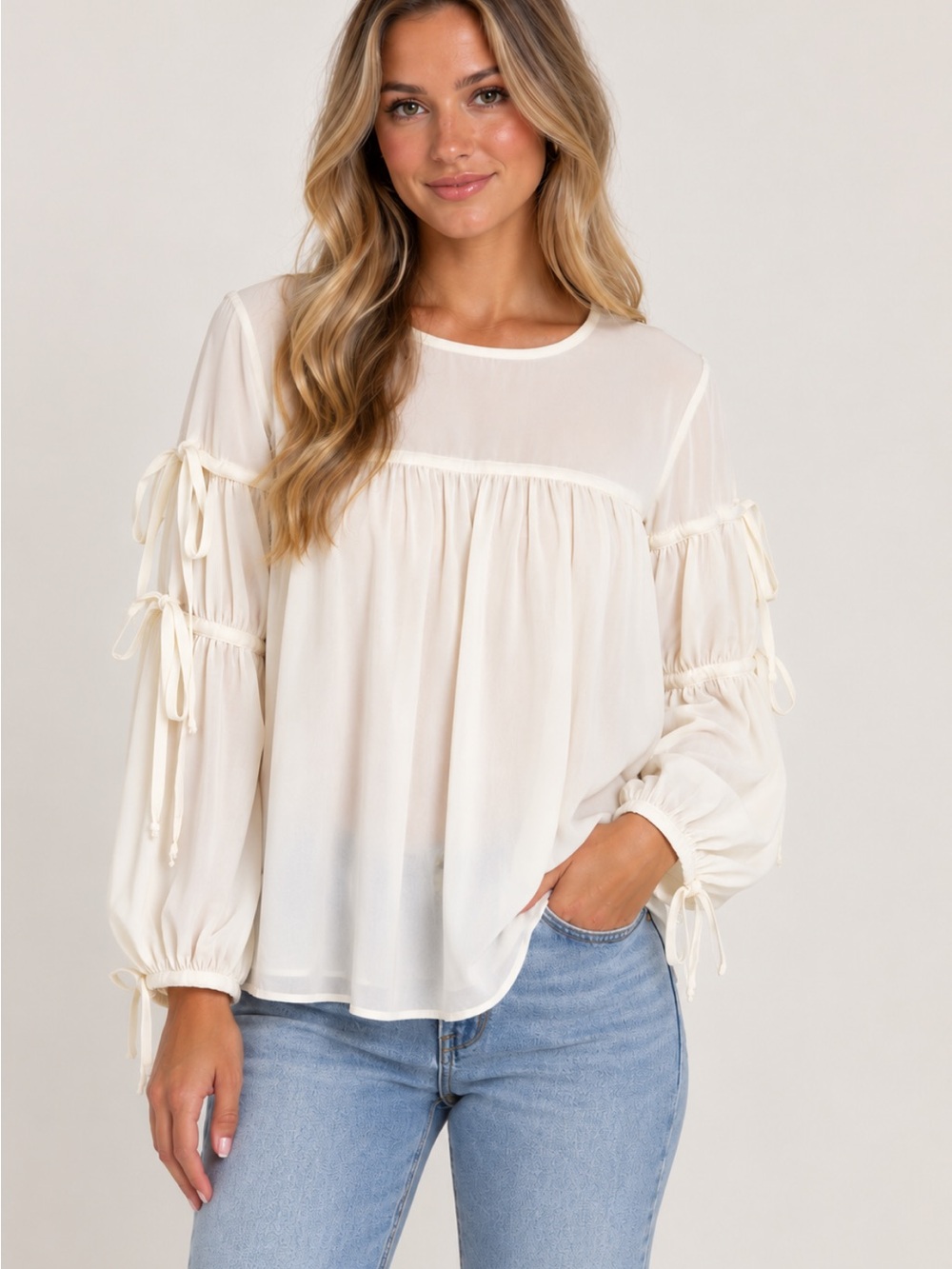 LOFT Cream Long-Sleeve Tie-Sleeve Peasant Blouse - Size: small